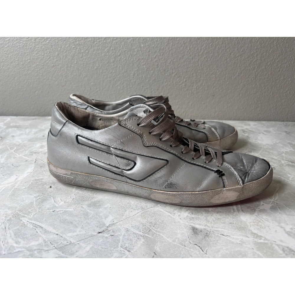 Diesel S-Leroji Low Metallic Silver Leather Sneakers Mens 9.5‎